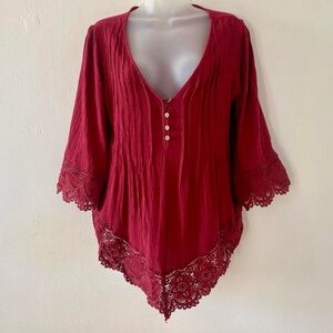 Y2k RED BOHO PEASANT BLOUSE W/ LACE TRIM